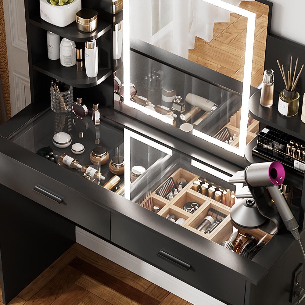 VOWNER Modern Makeup Vanity Desk with Lighted Mirror,2 Drawers,Cushioned Stool for bedroom, vanity mirror vanity table,Furniture Interior