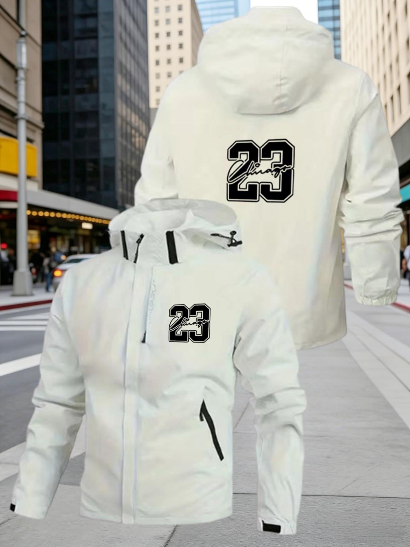 Chicago 23 Number Printed Hooded Jacket for Men, Windproof Waterproof Bomber Coat, Spring & Fall Basketball Outdoor Outerwear