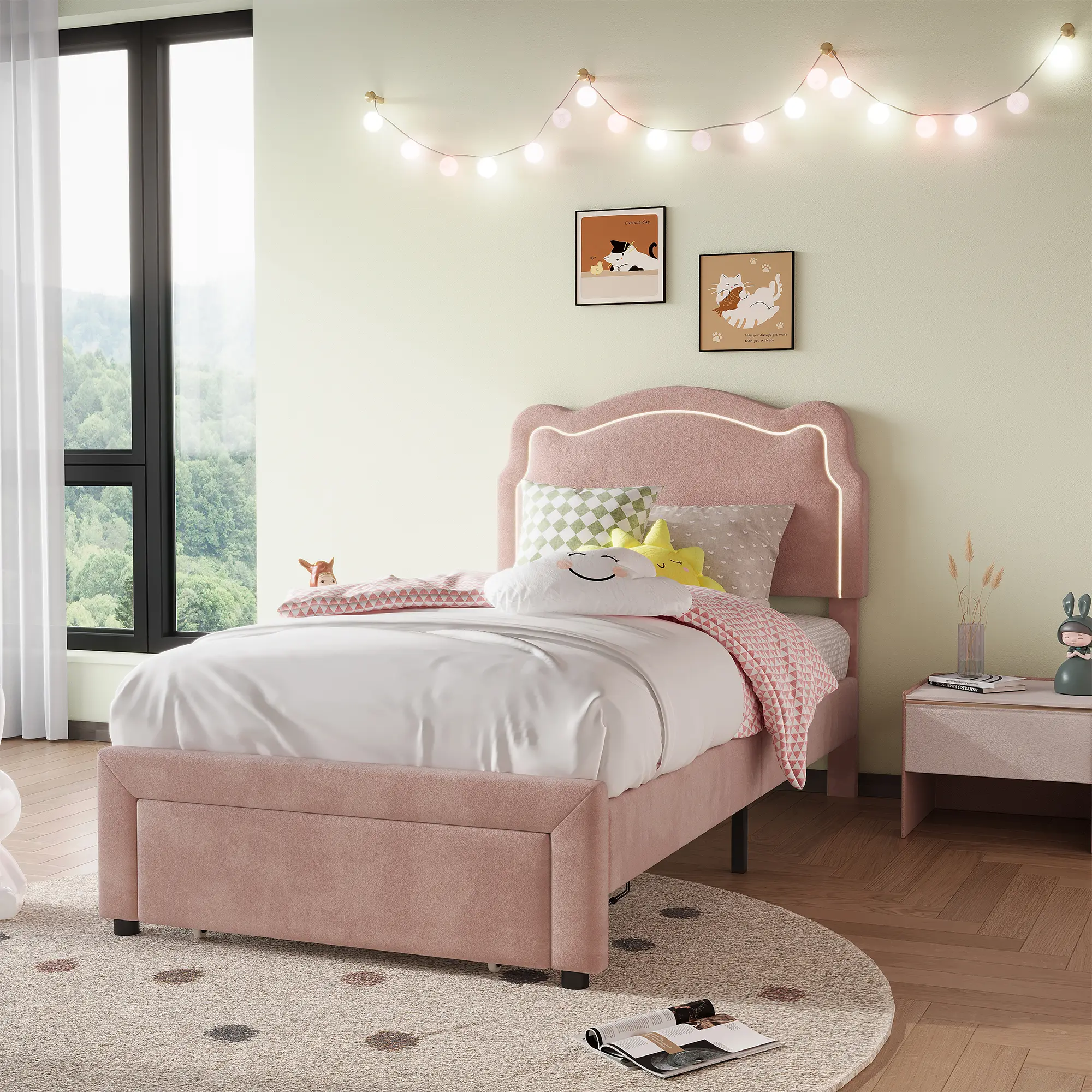 RGB LED Twin Bed Frame for Kids — Upholstered Velvet Platform Bed with Cute Bear Headboard, Adjustable Height, Built-in Storage Drawer, 650LBS Capacity, No Box Spring Needed, Easy Assembly Beige