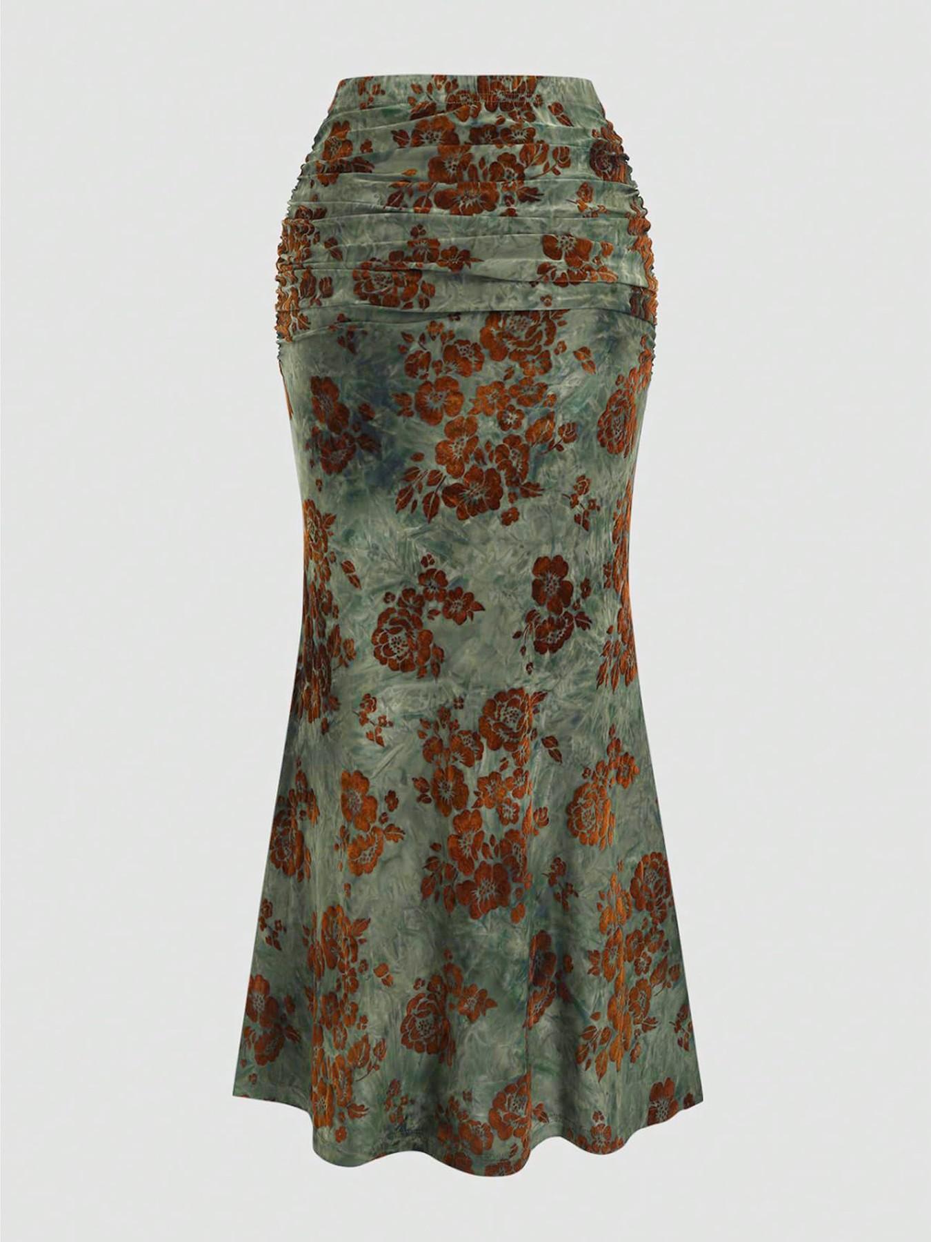 Women's Floral Deep V Neck Crop Top & Fish Tail Skirt Set, Sexy Two-Piece, Back-To-School Fashion, All-Over Print Design