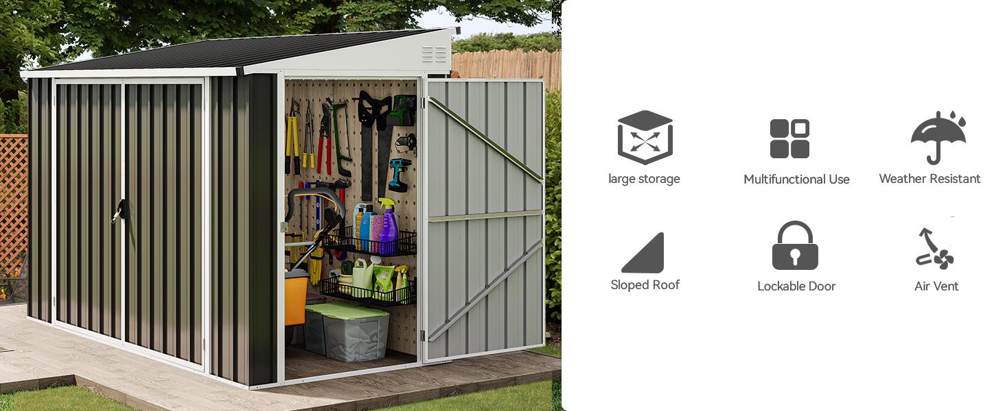 Yitahome 8x4 FT Outdoor Weatherproof Storage Shed, Secure Metal Bike Shed w/Lockable Entry, Garden Storage Solution for Lawn Equipment, Tools, Waste Bin, Dark Gray