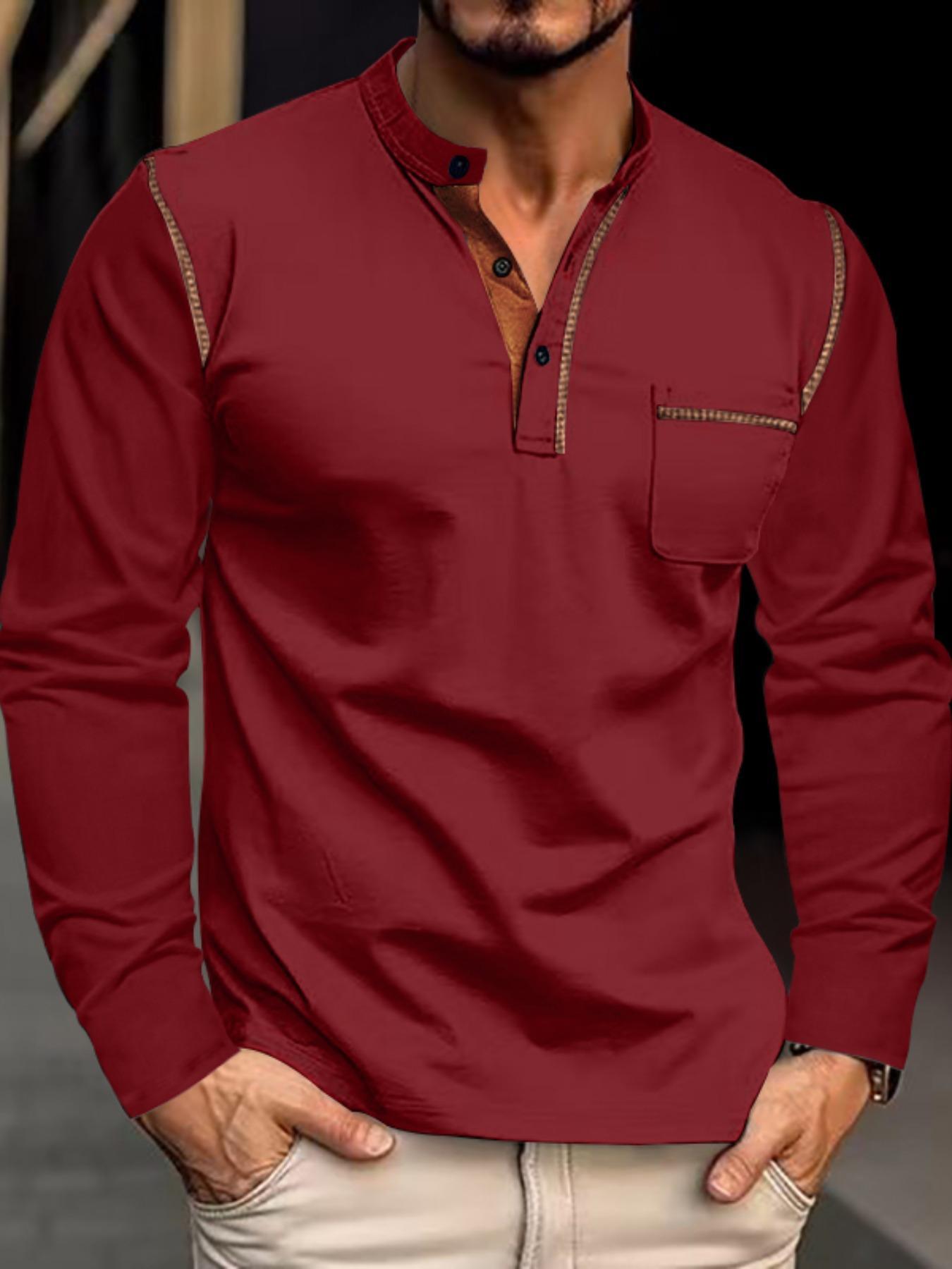 Men's Regular Fit Long Sleeve Pocket T-shirt, Casual Button Front Mock Neck Top for Spring & Fall, Fashion Men's Clothes for Daily Wear