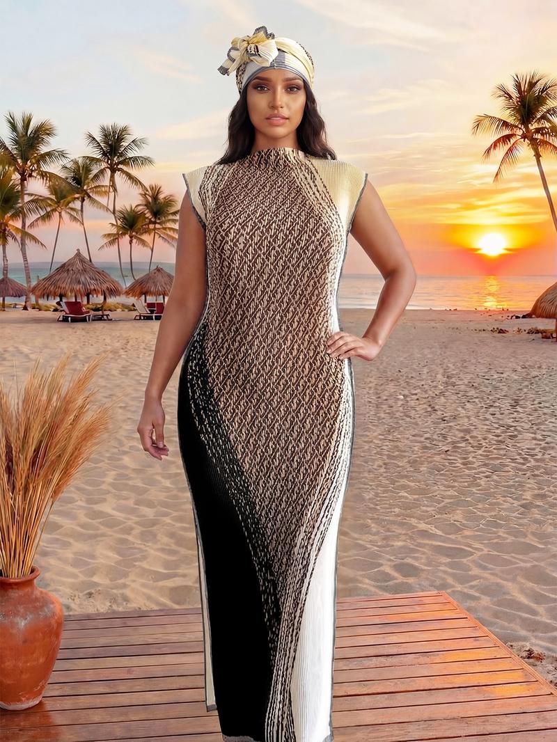 Women's Elegant Animal Print Long Dress Set, Slim-Fitting Moo Moo Skirt & Scarf, Beach Sun Protection Shawl, All Seasons Fashion