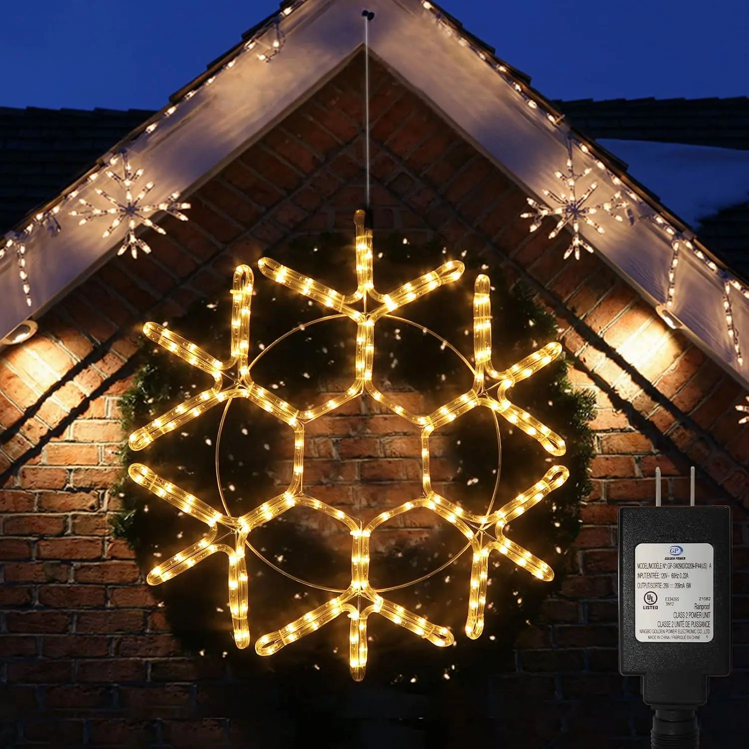 24" Christmas Big Snowflake Lights Outdoor Large Lighted Snowflake Plug in | 24" x 22" Giant Fancy LED Snowflake Window Lights Sculpture with Timer for Indoor Outdoor Xmas Decor, Warm White