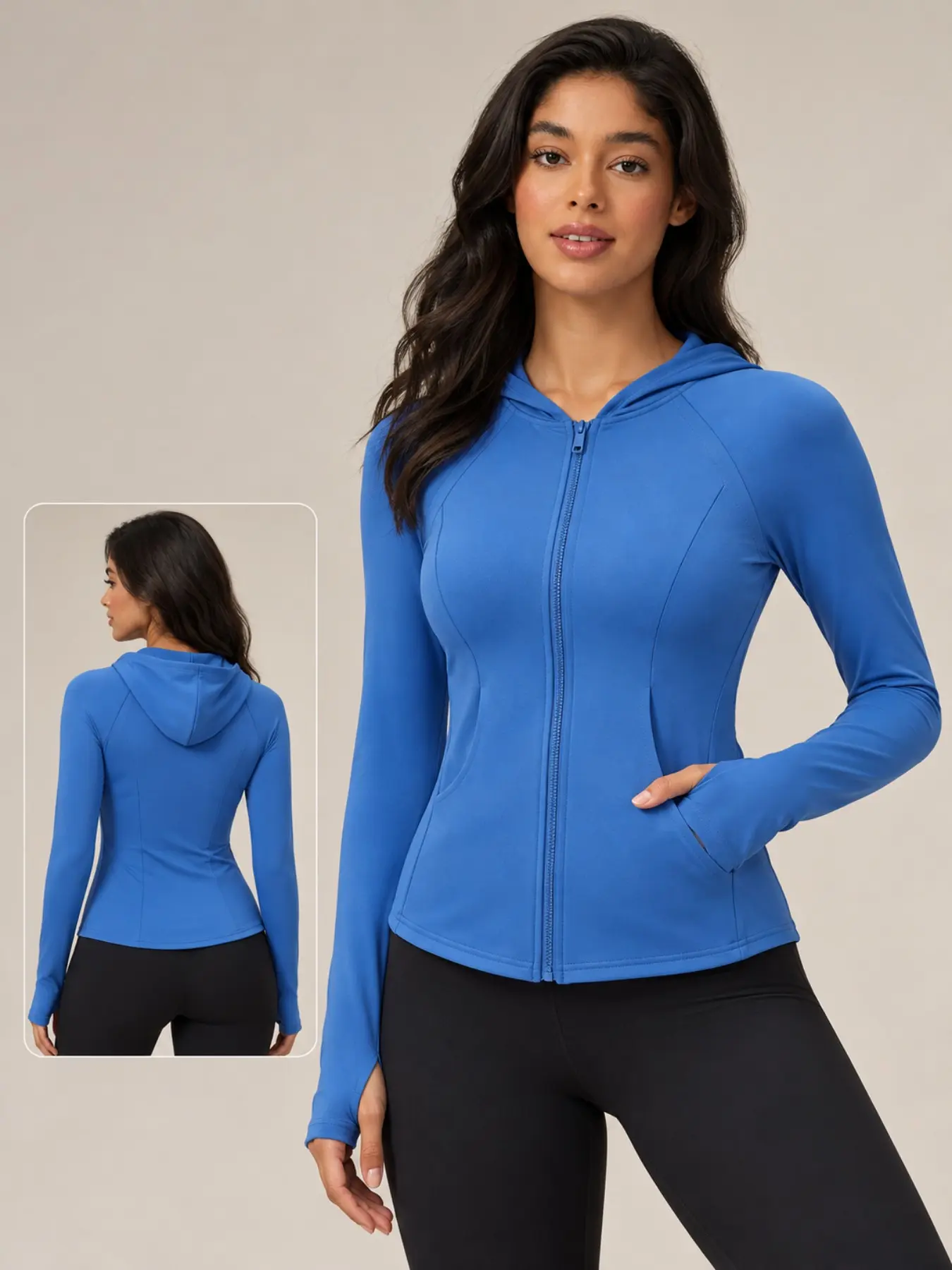 Women's Zipper Hooded Sport Jacket, Fitted Long Sleeve Top, Curved Seam Design, Side Pockets, Thumbholes, Casual Style