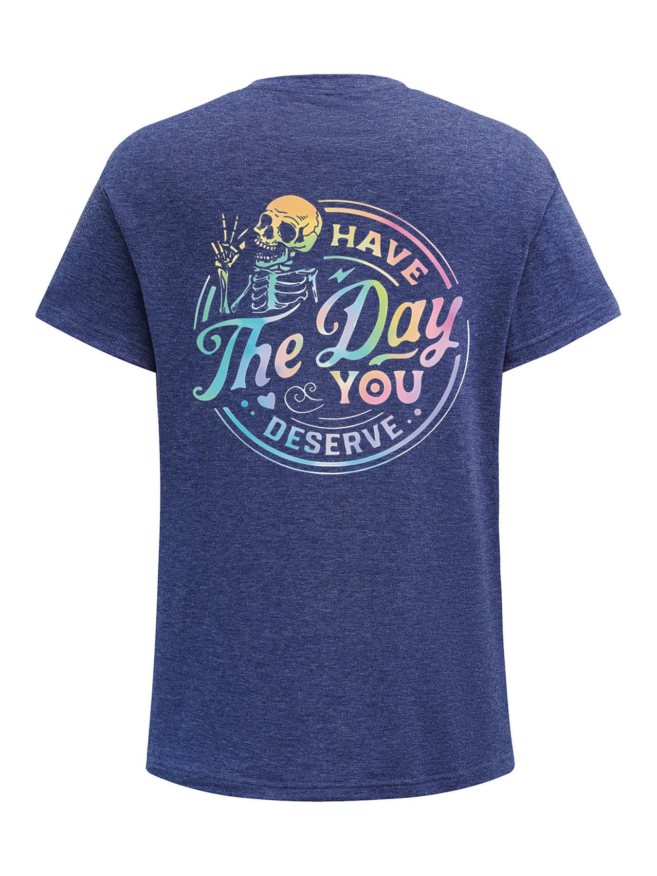 Women's Casual Fitted Graphic Letter Print Round Neck Short Sleeve T-Shirt, Spring Summer Streetwear Fashion Tee, Fun Skull Pattern, Inspirational Gradient Design