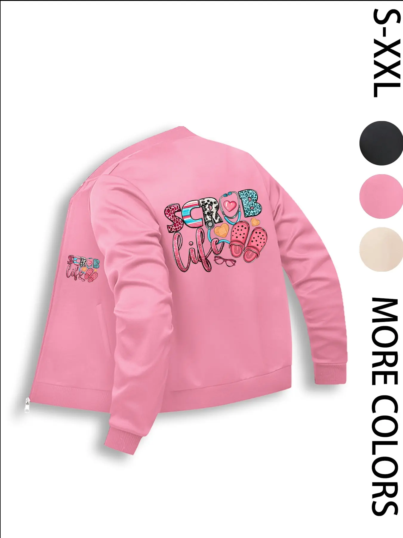【Black Friday】Medical Elements Scrub Life Print Casual Daily Wear, Nurse Print Zipper Jacket, Nursing Sweatshirt, Graphic Print Sweatshirt, Casual Sweatshirts, Long Sleeve Fitted Design with Pockets, Fall & Winter, Lady, Womenswear Apparel