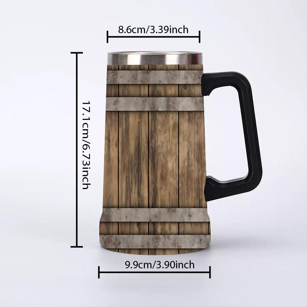 1pc 24oz Barrel Texture Stainless Steel Beer Mug With Big Handle, Vintage Rustic Wood Barrel Print Double Wall Insulated Travel Coffee Beer Cup, Leakproof Large Capacity Water Tumbler For Bar Pub Camping, Retro Western Gift For Men Beer Lovers