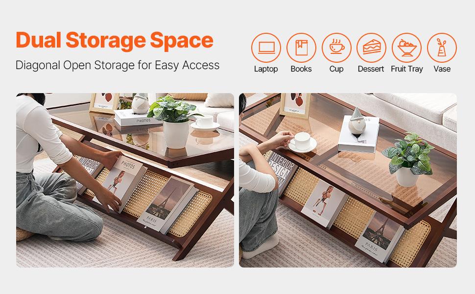 VEVOR Rattan Coffee Table, Z-Shaped Rattan Woven Bamboo Coffee Table with Tempered Glass Top, 47 Modern Boho Storage Coffee Table with Natural Bamboo Legs, for Living Room, Bedroom Small Spaces VEVOR Rattan Coffee Table, Z-Shaped Rattan Woven Bamboo Coffee Table with Tempered Glass Top, 47 Modern Boho Storage Coffee Table with Natural Bamboo Legs, for Living Room, Bedroom Small Spaces