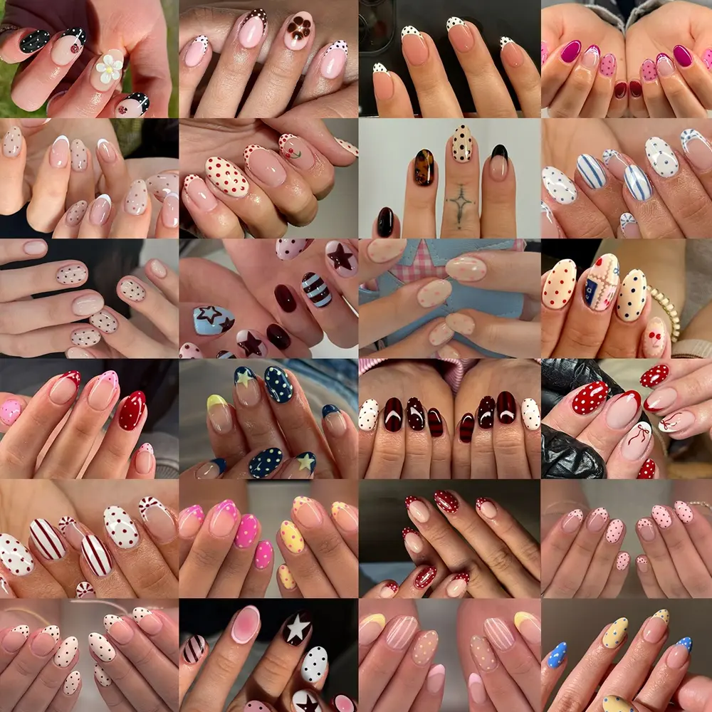 600pcs Almond Press-On Nails, Polka Dot French Design, Nail Designs, Medium Size, Acrylic Material, Includes Gel Glue & Nail Files, Perfect for Summer