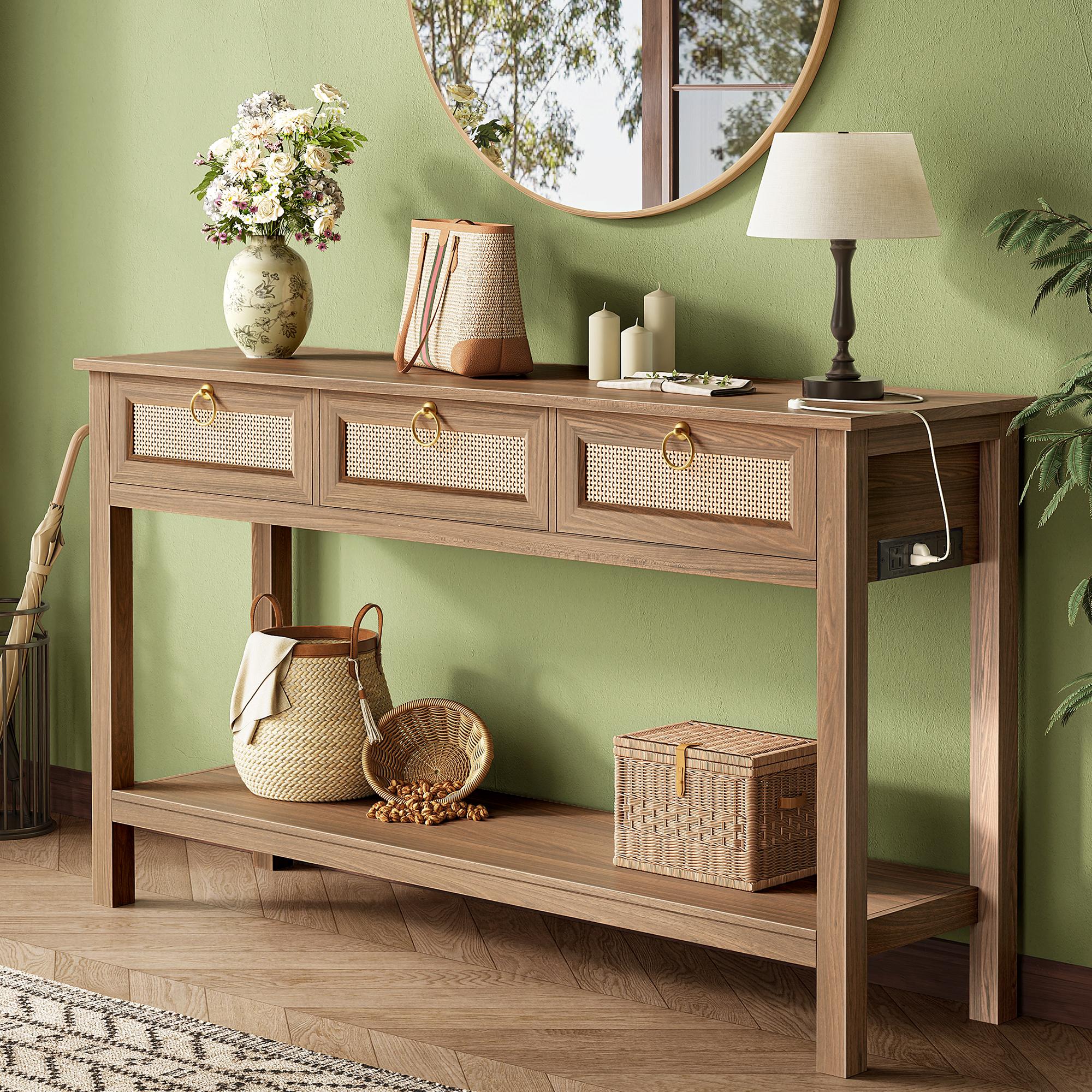 SUPERJARE Rattan Console Sofa Table with Outlets and USB-C Port, 3 Drawer Entryway Table with Synthetic Rattan Surface, Open Shelf, Behind Couch Entry Foyer Hallway Storage