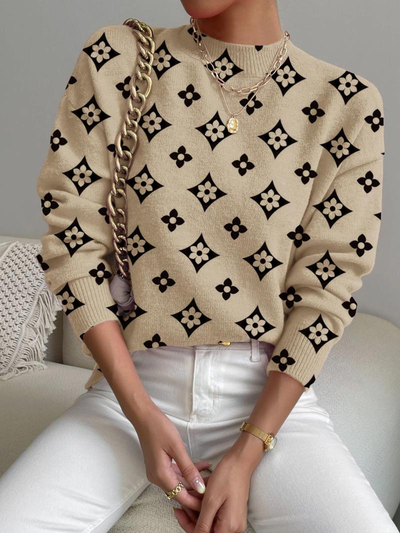 Women's Geometric Pattern Stand Collar Sweater, Fall Winter Casual Long Sleeve Knitwear, Comfortable Warm Daily Wear Women's Geometric Pattern Stand Collar Sweater, Fall Winter Casual Long Sleeve Knitwear, Comfortable Warm Daily Wear