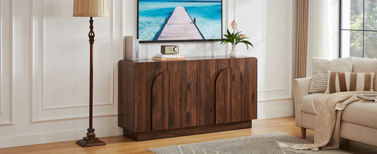 ONBRILL 31.5”/60“ Sideboard Buffet Cabinet with Storage, Farmhouse Curved Design Accent Cabinet with Doors & Adjustable Shelves, Modern Coffee Bar Credenza for Living Room, Kitchen, Hallway
