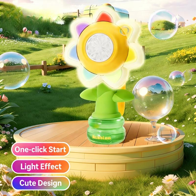 Summer Toy Gift, Indoor Outdoor Birthday Wedding Party Bubble Machine, Colorful Flower Design, USB Rechargeable, Portable Round Shape