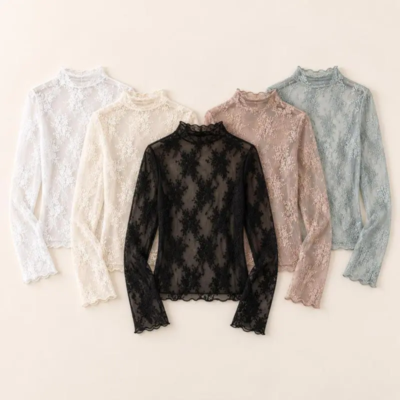 Women 5 Pack Floral Lace Mesh Long Sleeve Tops, Viral Coquette Slim Fit Layering Shirts, Soft Stretchy Sheer Undershirts, Elegant Spring & Fall Staples, Office, School, Date Night, Party & Daily Everyday Outfits