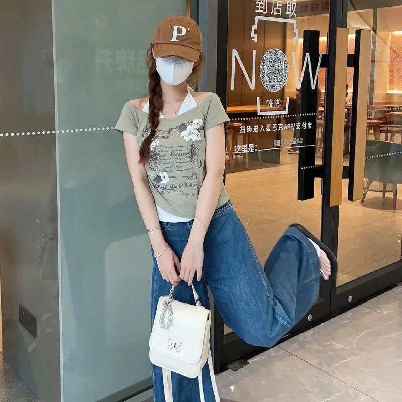 Subculture Woman Clothing Y2K Punk T-shirts American Vintage Sweet Sexy Short Female Clothing Green Summer Casual Popular Tops