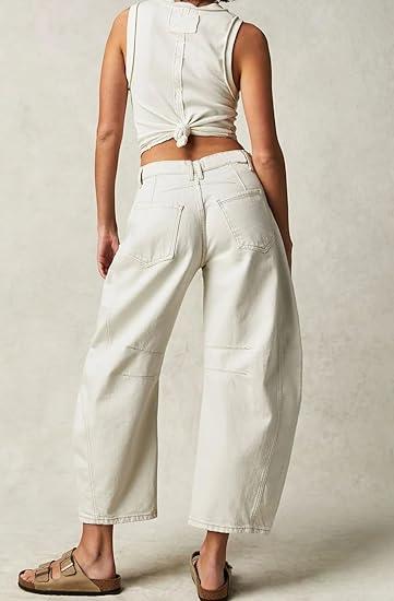 Flvsun-Women's Stretch Low Rise Barrel Jeans Vintage Loose Wide Leg Cropped Denim Pants Y2K Style Loose Jeans