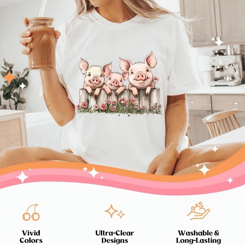 8Pcs Cute Pig DIY DTF Transfer Stickers Washable Heat Transfer Design Iron-On Patches for Tshirt Mask Jeans Backpack Crafts Accessories