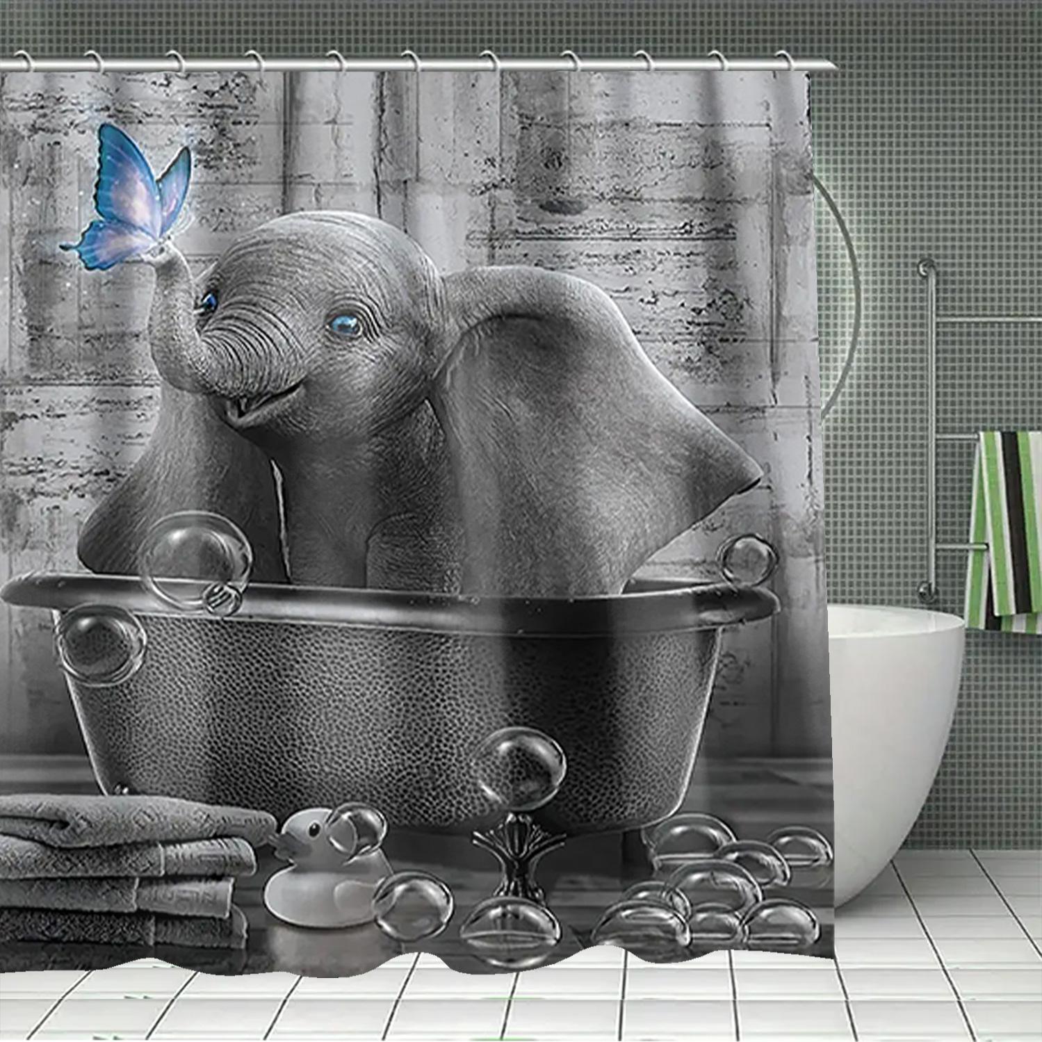 Elephant Pattern Bathroom Accessories Set, Shower Curtain, U-Shaped Toilet Pad, Long Rectangle Mat, Toilet Seat Cover, Fashionable Bath Decor