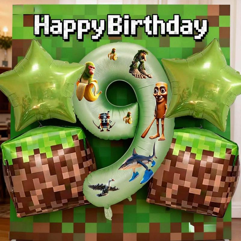 Trendy Pixel Party & Italian Brainrot Balloon Set, Large 32in Green Number Balloons 0-9 with Tralalero Tralala Characters Stickers,Star Foil Balloons, Pixel Block Balloons, for Christmas New Year Video Game Themed Birthday Party Decor, Gamer Decor