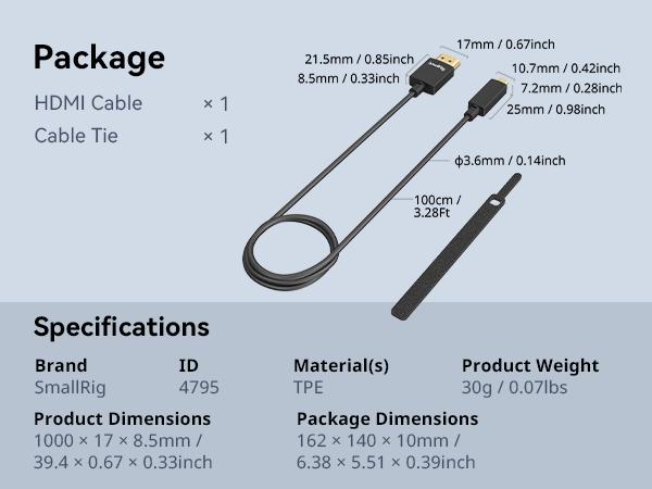 SMALLRIG D to A HDMI Cable Ultra Thin HDMI Cord 100cm / 3.28Ft (Micro to Full HDMI), Super Flexible Slim High Speed 4K 60Hz HDR HDMI 2.0, for Sony A7RIII / A7II / A7M3, for FUJIFILM X-T4 / X-T3-4795