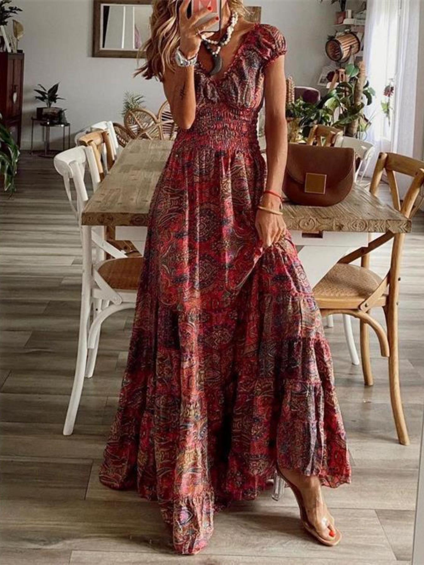 elegant women boho floral print long dress PRETTYGARDEN Women's Fall Boho Maxi Dress Floral Long Sleeve V Neck Fl
