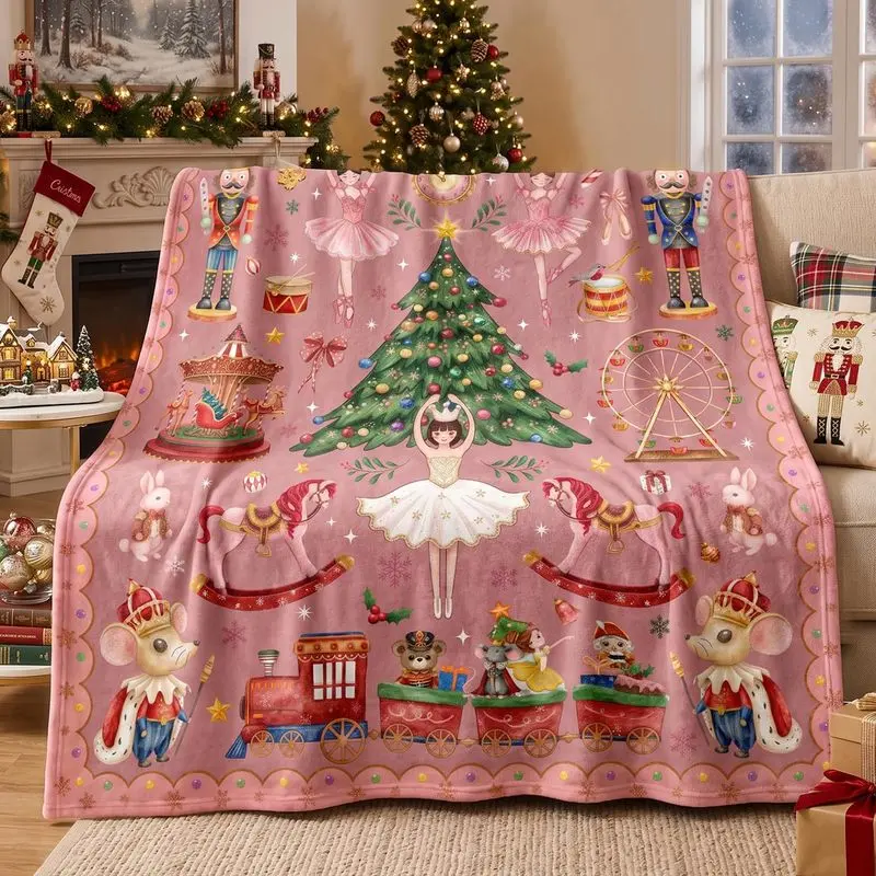 Cute Christmas Nutcracker Blanket for Kids Girls Women 50"x60", Soft Cozy Flannel Pink Christmas Throw Blanket for Couch, Holiday Xmas Blankets and Throws, Nutcracker Ballet Gifts for Dancers Girls