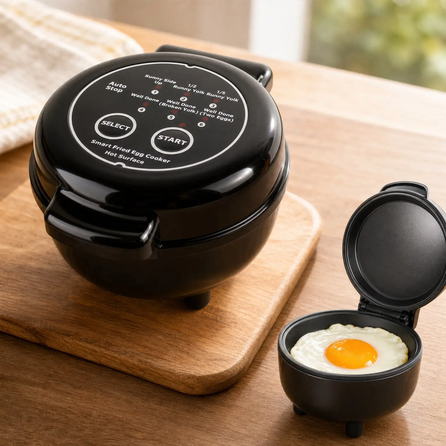 Smart Fried Egg Cooker, Automatic Fried Egg Maker with 6 Features like Sunny Side Up, Over Easy, Fully Cooked & More. Auto Power Off, Alarm, Round Shape, Non Stick Coating (Black)