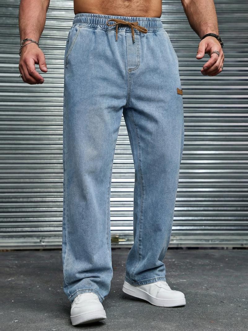 Men's drawstring elastic waist straight-leg jeans, non-stretchy denim long pants, comfortable straight-leg fit, suitable for daily casual wear, a must-have trendy men's long pants 🔥