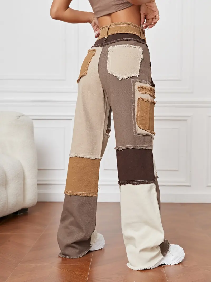 (petite) Marled Patchwork Denim Straight-Leg Pants, Casual Fitted Jeans for All Seasons, Trendy Streetwear for Music Festivals