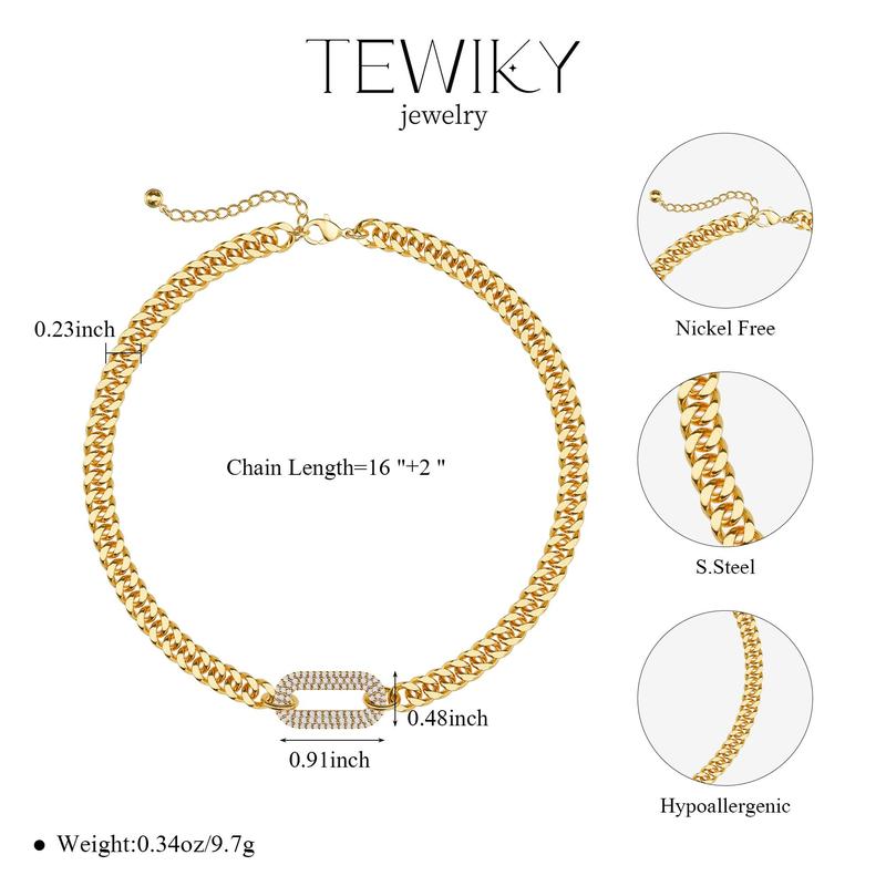 Tewiky Cuban Link Chain Necklace with Zircon Clasp for Men Women Trendy 16 Inch Zirconia Cross Pendant Jewelry Gift For Valentine's Day gifts