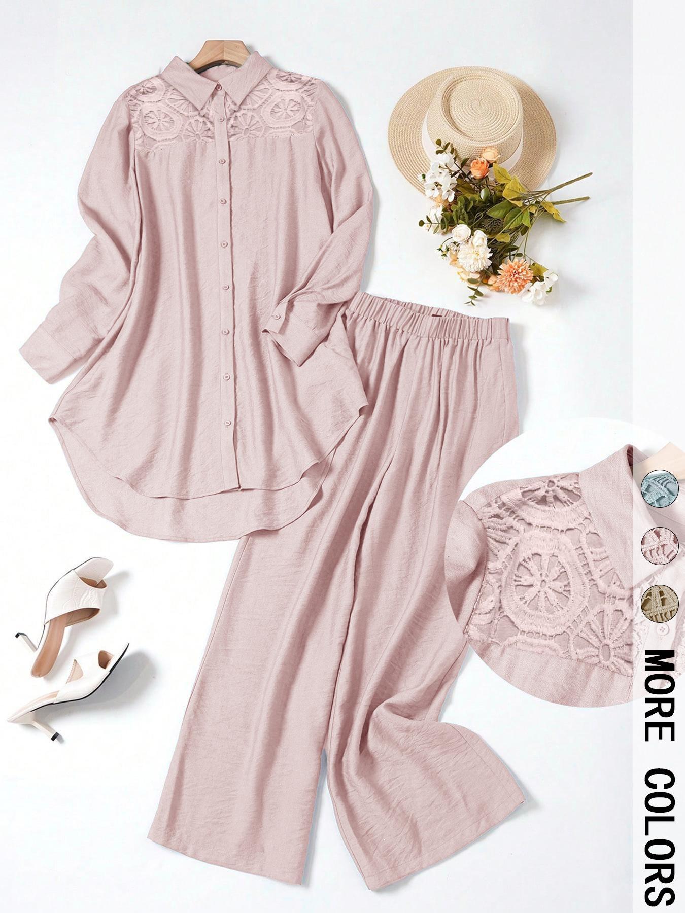 Women's Casual Two-Piece Set, Hollow-Out Top and Loose-Fit Pants, Plain Color Comfortable Breathable Woven Outfit for Daily Wear, Spring and Fall Fashion Women's Casual Two-Piece Set, Hollow-Out Top and Loose-Fit Pants, Plain Color Comfortable Breathable Woven Outfit for Daily Wear, Spring and Fall Fashion