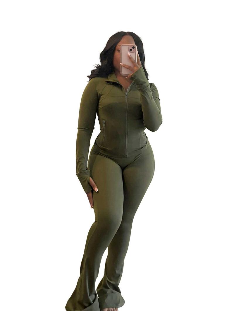 Women's Solid Long Sleeve Zip Up Jacket & Flare Leg Skinny Pants Two-piece Set, Casual Fashion Cozy Outfits for Daily Outdoor Wear, Women Clothes for Fall & Winter