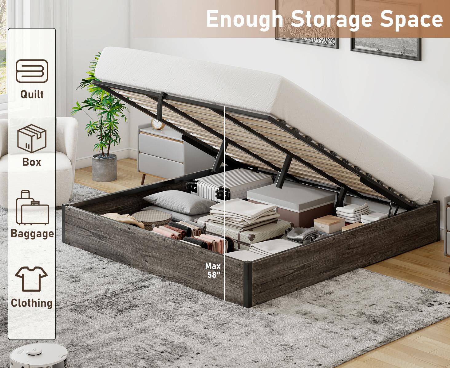 VanAcc Lift Up Storage Bed, Farmhouse Bed Frame with Storage Underneath, Wooden Platform Bed Frame, Solid Wood Slats Support, No Fixed Headboard, No Box Spring Needed