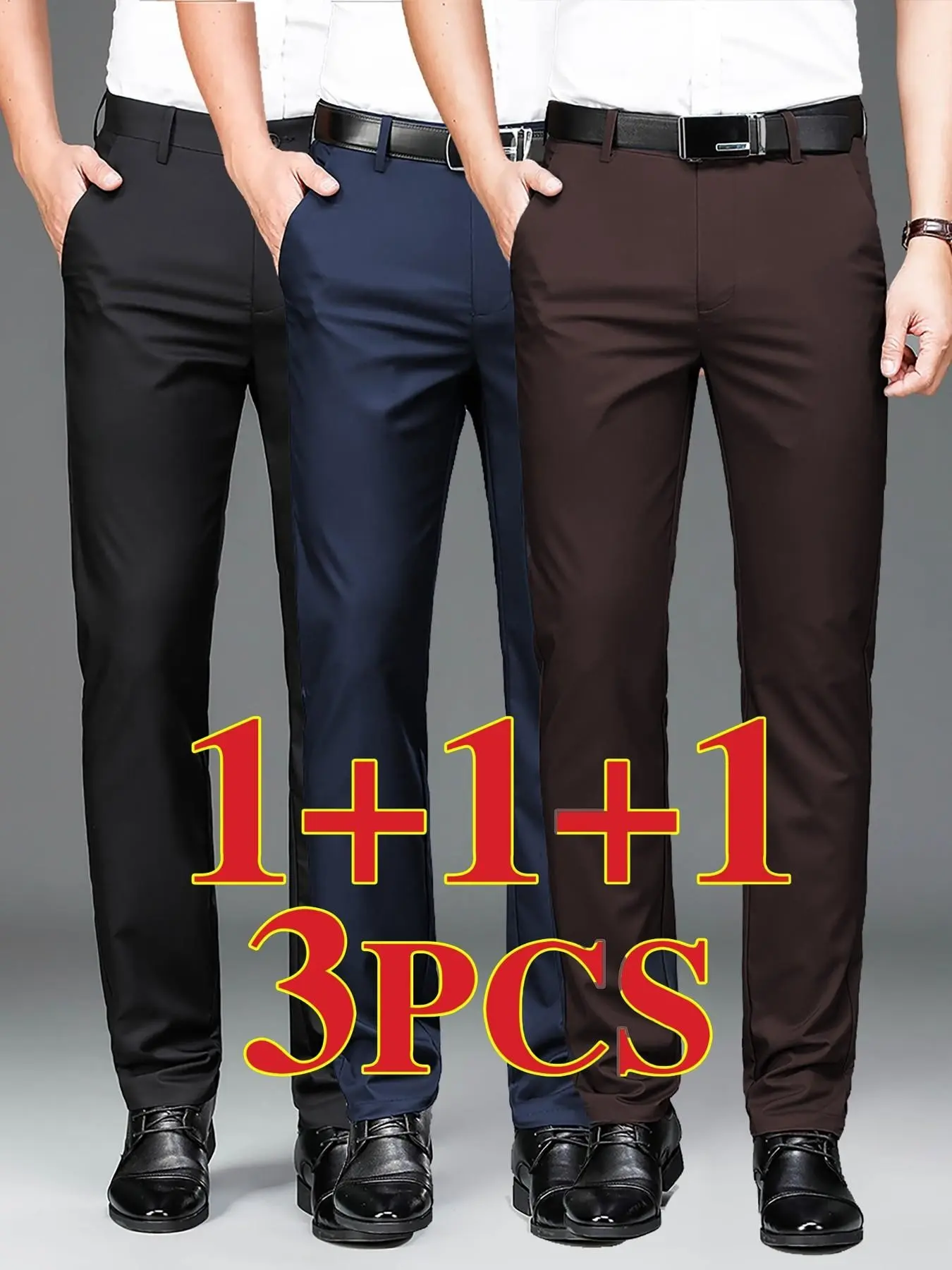 3-Pack Men's Business Casual Dress Pants, High Elastic Wrinkle-Resistant, Loose Fit, Straight Leg, All Seasons, Ankle Length
