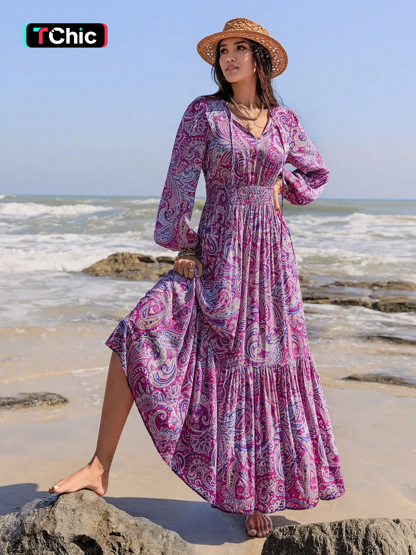 Women's Boho Bohemian Style Long Lantern Sleeve Woven Paisley Print Dress with Fitted Waist, Comfortable, Stylish and Elegance for All Seasons, Perfect for the Beach, Summer, Casual Wear