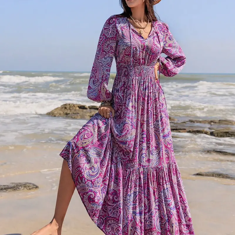Women's Boho Bohemian Style Long Lantern Sleeve Woven Paisley Print Dress with Fitted Waist, Comfortable, Stylish and for All Seasons, Boho Beach Sundresses, Perfect for the Beach, Summer, Casual Wear