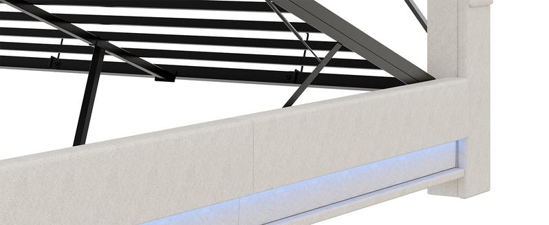 Vabches Lift Up Storage Bed Frame, Storage Headboard with Charging Station, LED Lights Upholstered Platform Bed, No Box Spring Needed, Noise-Free