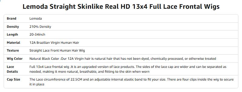 Lemoda SKINLIKE Real HD Lace Wigs 210% Density Straight 13x4 Full Lace Frontal Wigs 12A Brazilian Straight Virgin Human Hair Lace Front Wig Invisible 0.1mm Ultra-thin Frayed Ends Tiny Knots