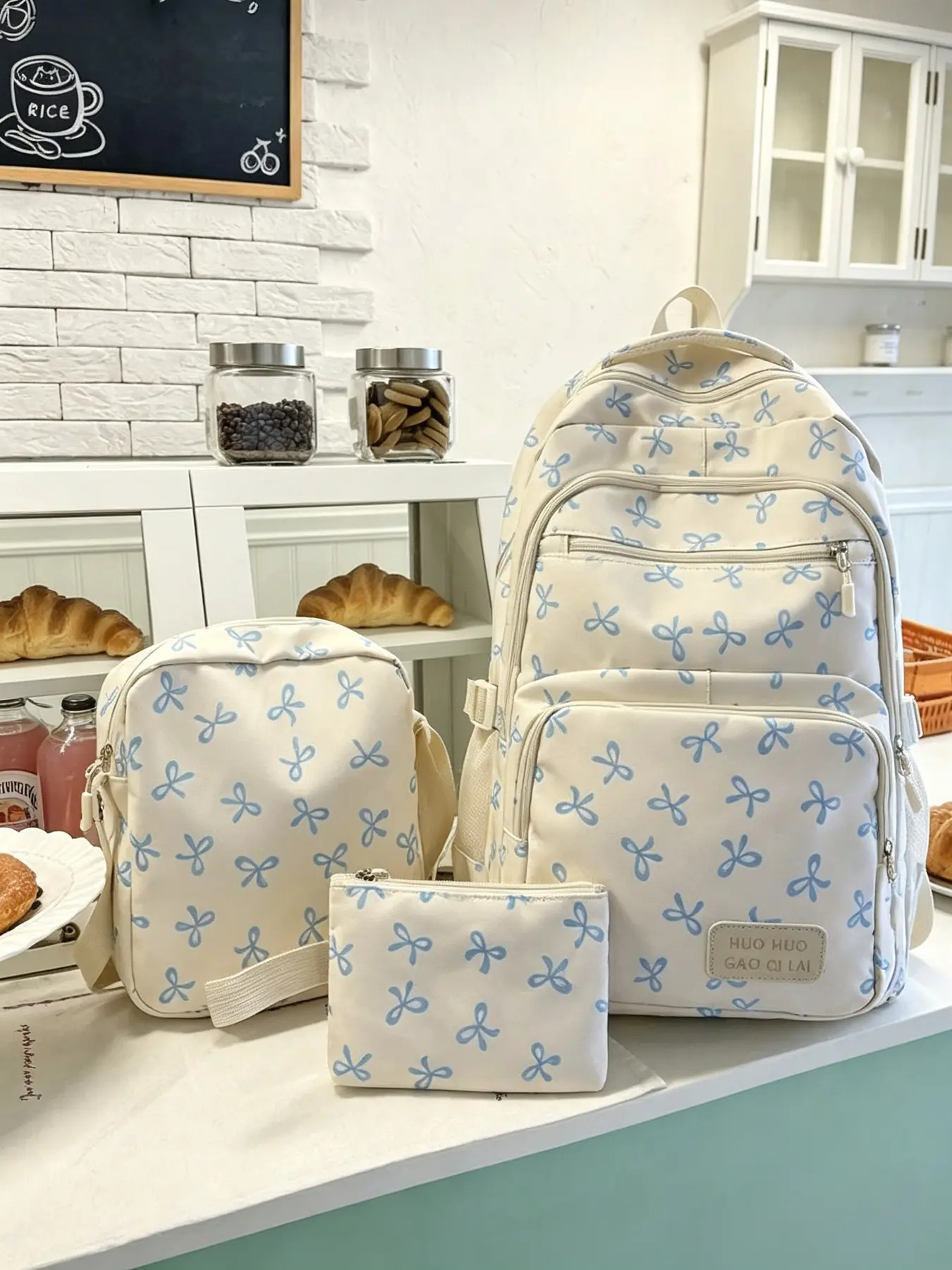 3 Piece Beige Nylon Bow Print Multi Pocket Foldable Waterproof Zipper Backpack For Teen Girls High School College Students Women Daily Use School Training Commuting Shopping Travel Valentine's Day Gif