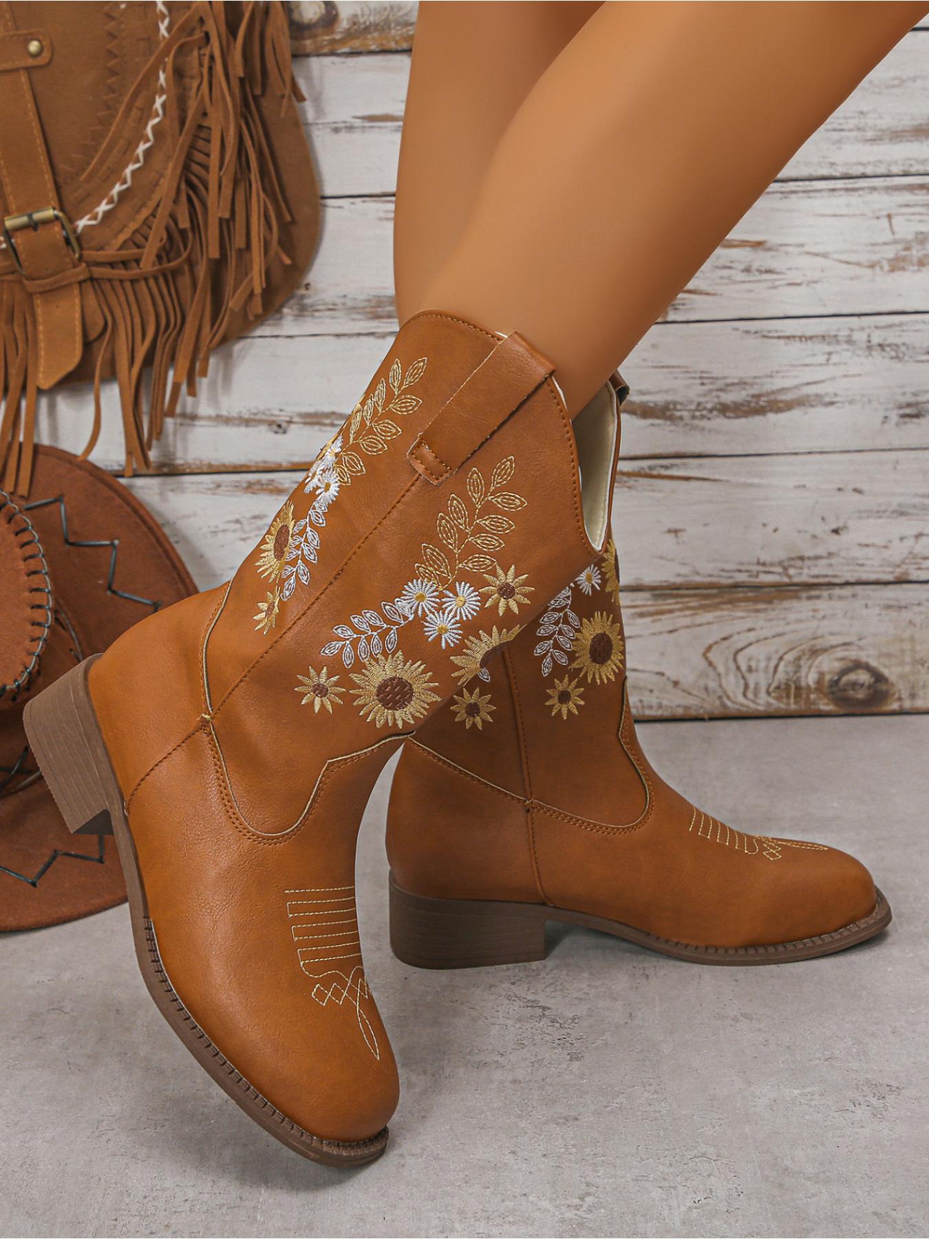 Women's Sunflower Floral Embroidery Mid-Calf Boots, Round Toe Low Heel, Vintage Western Classic Style, Daily Commute Party Fashion Shoes