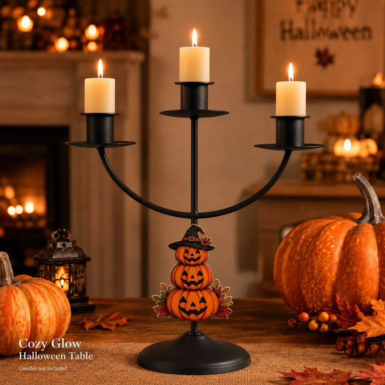 1 Piece Halloween Gothic Triple Pumpkin Black Iron 3 Candle Holder for Home Dining Table Mantel Entryway Party Decor Stable Base Festive Everyday Accent Fits Standard Taper Candles