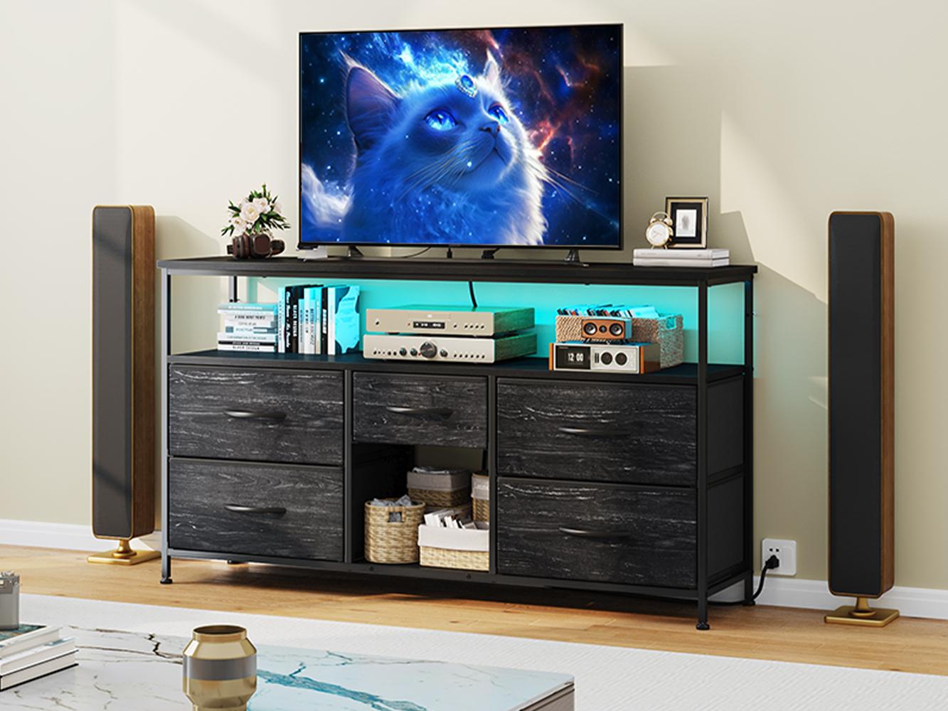 【Storage TV Stands】Raybee 30'' H Dresser with 5 Drawers,Old School & Chill Vibe TV Stands with Cabinets for Living Room with LED & Charge Station(2 USB Ports & 2 Power Outlets), Match 50 Inches TV,Combining Aesthetics with Practicality