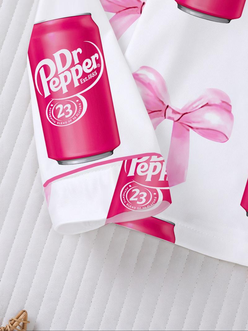 Dr Pepper Soda Bottle Bow Print Long Sleeve Pajama Set, Comfortable Fireproof Sleepwear, Loungewear, Fall Winter Home Wear, 2 Piece Set