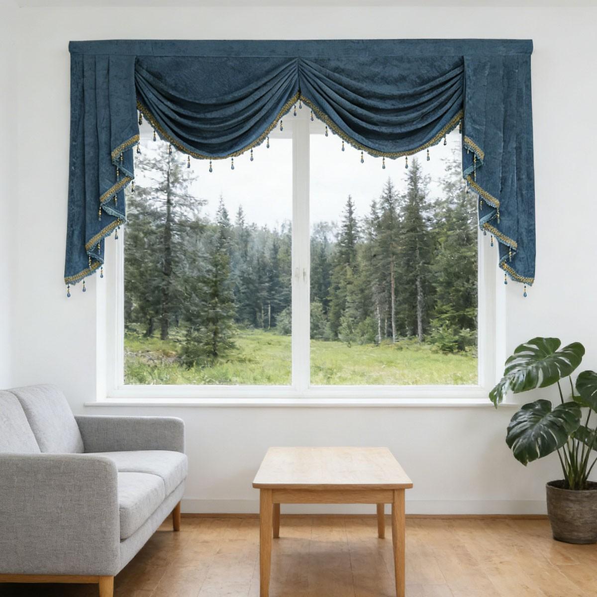 European Luxury Fog Blue Velvet Curtain Header, Customizable Floor-To-Ceiling Window Drapery, American Vintage Style Decorative Curtain