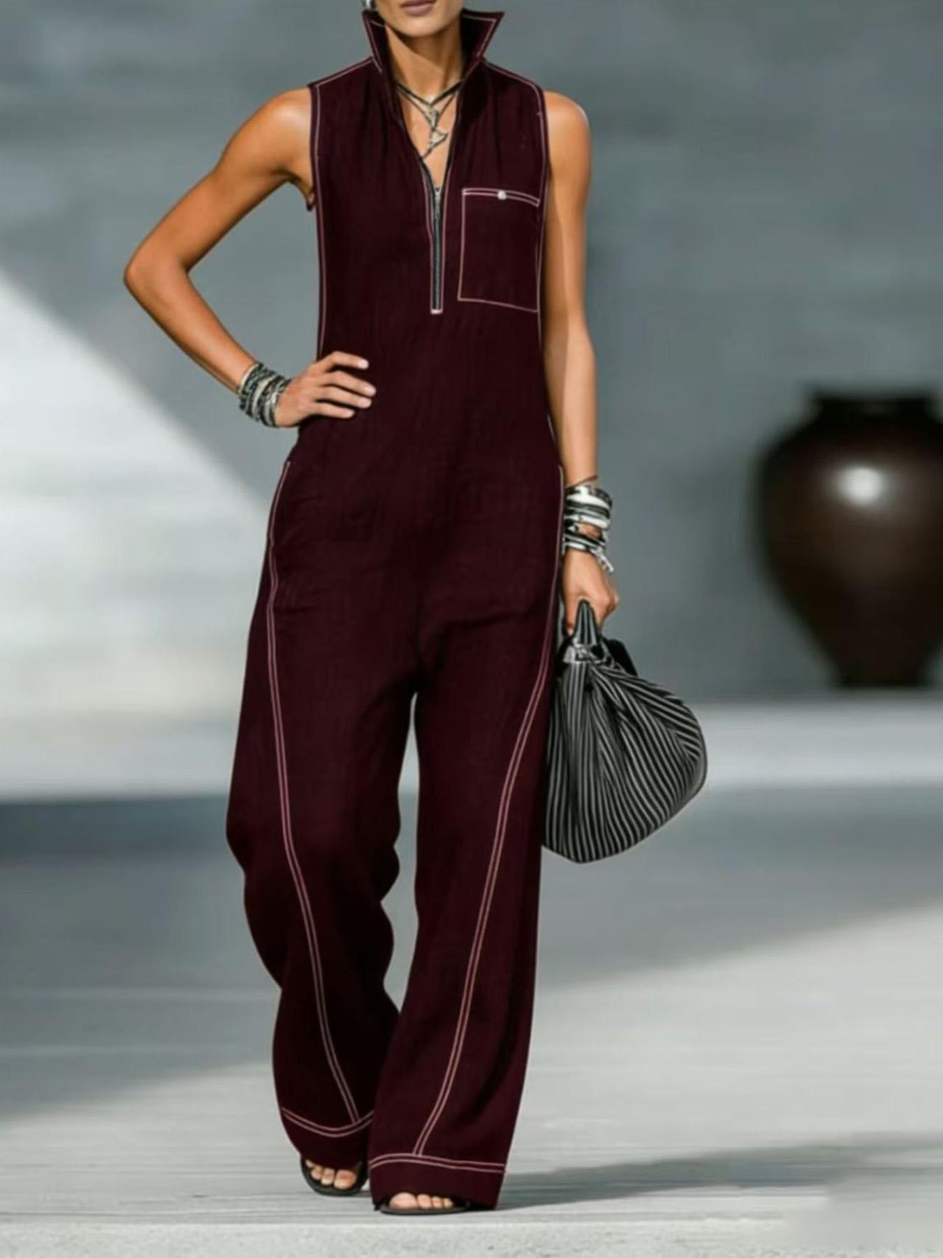 Women's Stand Collar Sleeveless Zipper Casual Loose Bodysuit, Comfortable and Stylish One-Piece for Daily Wear