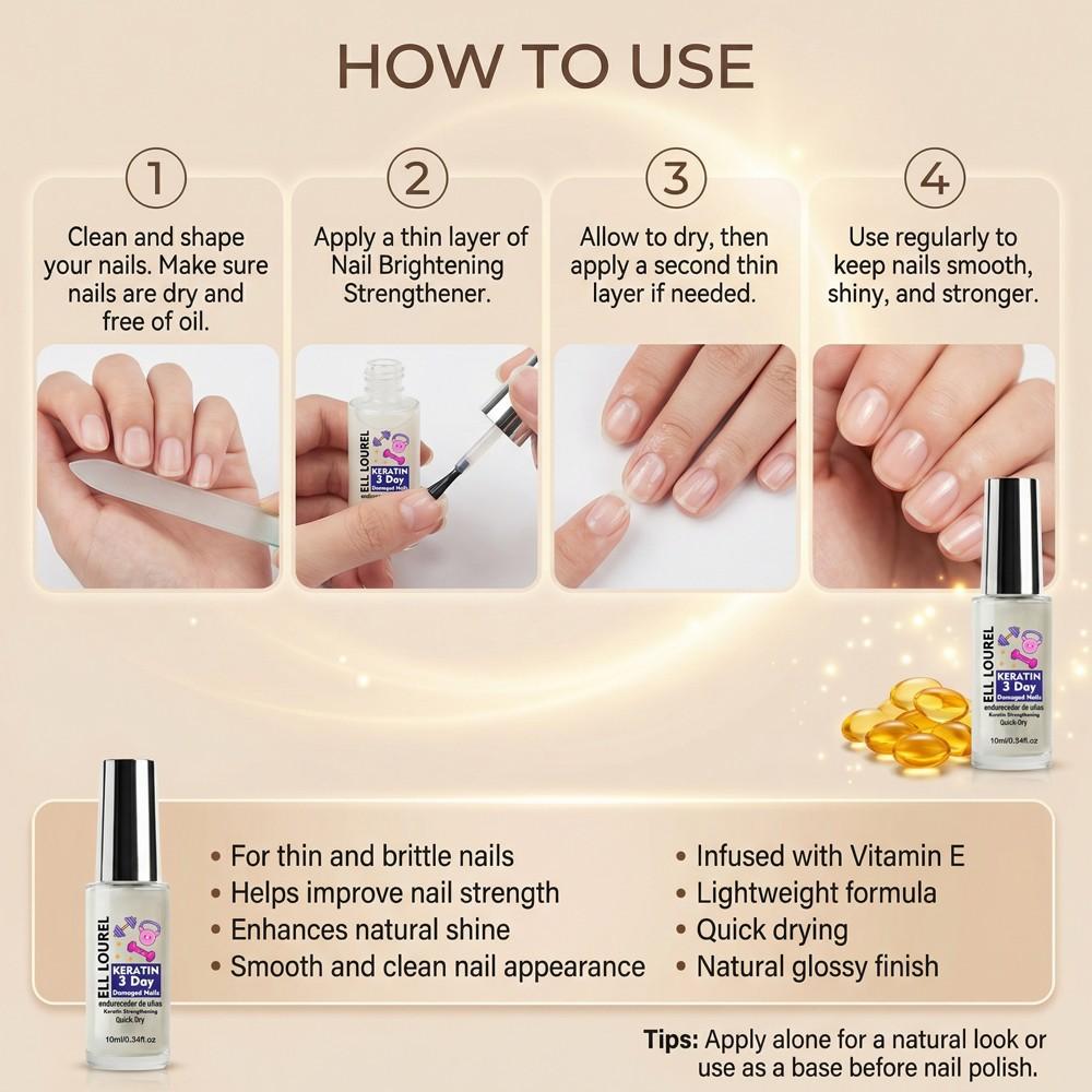 ELL LOUREL Keratin 3 Day Damaged Nails Strengthener, 10ml Quick-Dry Keratin Infused Nail Hardener & Nourishment Treatment for Weak, Brittle & Damaged Nails, Promotes 3-Day Effective Nail Strengthening, Prevents Breakage & Damage and Peeling Nails