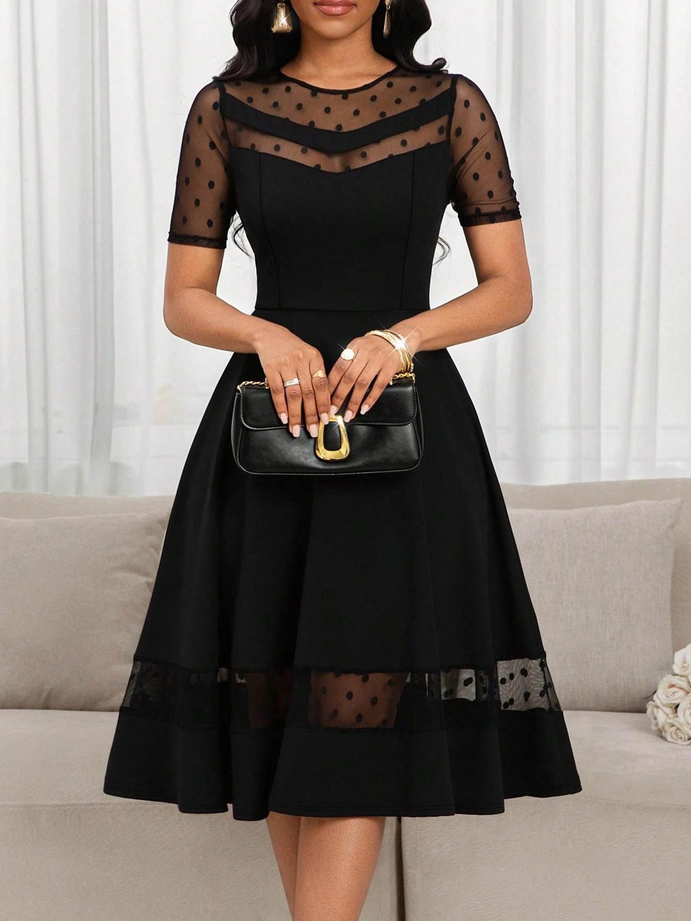 Spring Summer New Women's Elegant Solid Color Dress, Round Neck Short Sleeve Mesh Polka Dot Patchwork, Waist Cinched Slim Fit Midi Dress