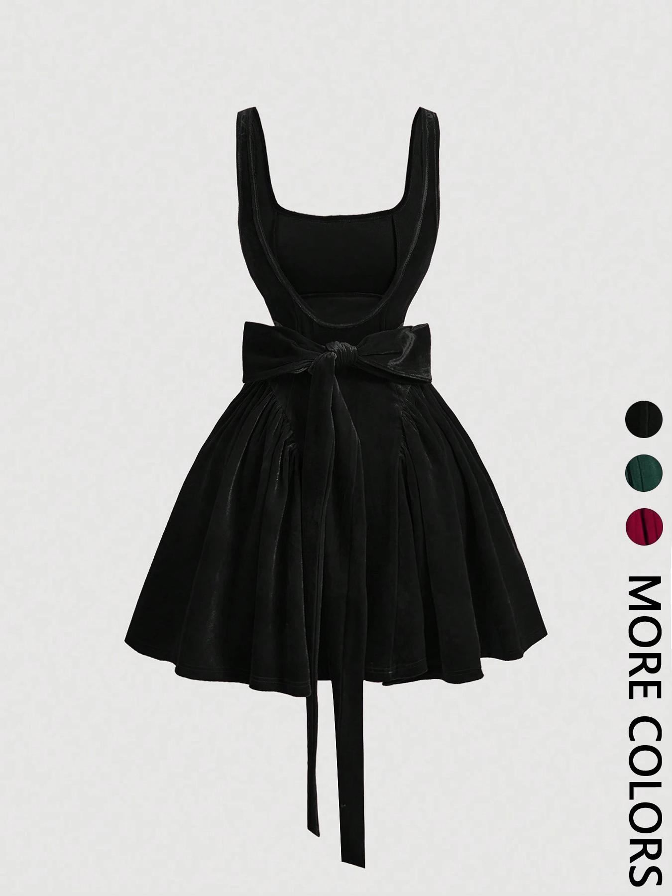 Valentine's Day Women's Casual Solid Color A Line D ress for Christmas Wedding, Sleeveless Square Neck Backless Butterfly Mini Bubble Dress Ladies' Clothing All Season