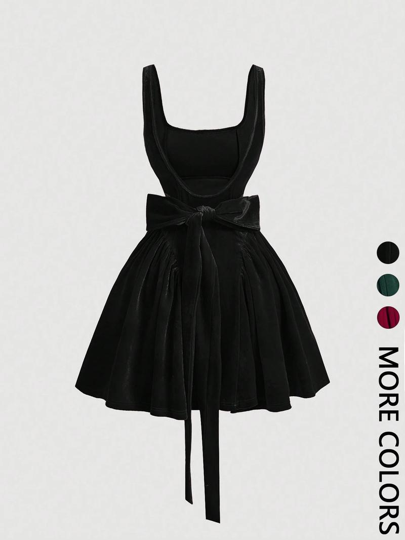 Valentine's Day Women's Casual Solid Color A Line D ress for Christmas Wedding, Sleeveless Square Neck Backless Butterfly Mini Bubble Dress Ladies' Clothing All Season